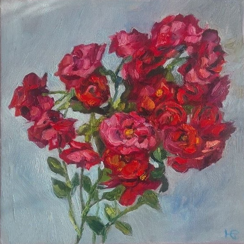 Original Oil Painting Red Tea Roses Floral Still Life Stretched Canvas 30×30 cm