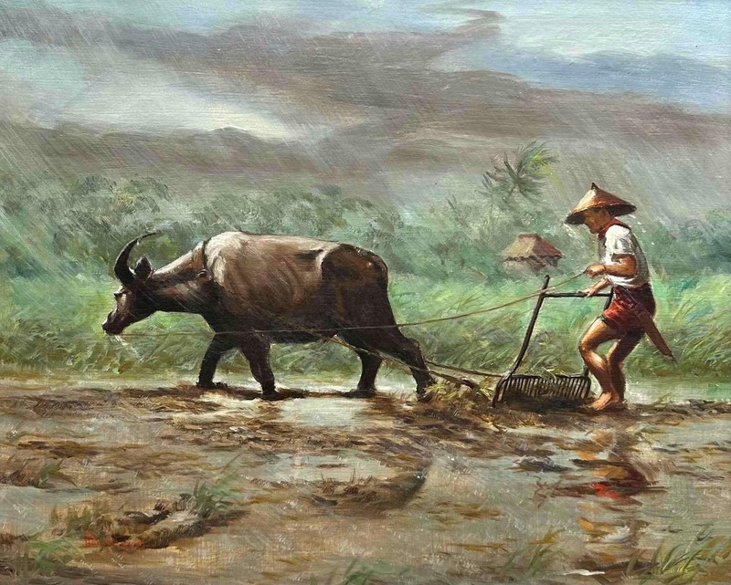 Fortunato Jervoso -Philippine Farmer Plowing Field w/ Caribou circa 1940s/50s gallery