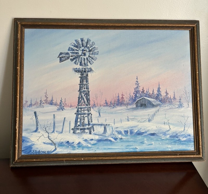 VINTAGE WINTER SNOW FARM OIL PAINTING WINDMILL BARN SIGNED JD JONES 18×13”