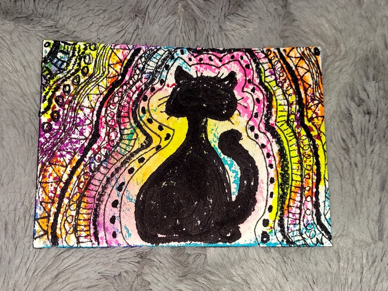 ACEO Original Art Trading Card «DOODLE CAT» by NuoVo, Watercolor and Marker
