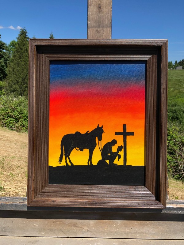 Cowboy in Prayer Before Cross, with Horse Looking on. An Original Painting.