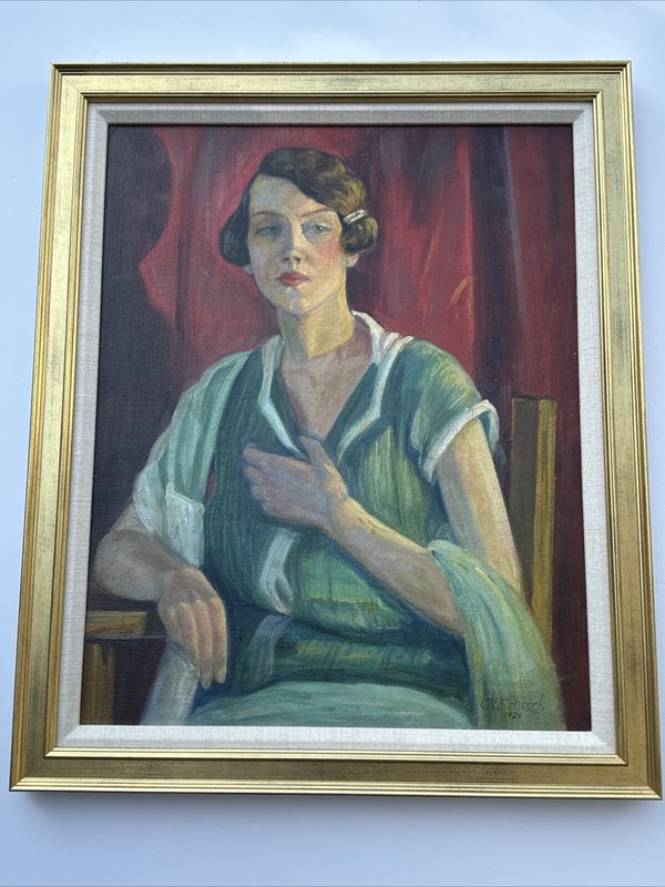 CHESTER SCHROCK PAINTING ANTIQUE ART DECO PORTRAIT PRETTY WOMAN COLORADO 1924 gallery