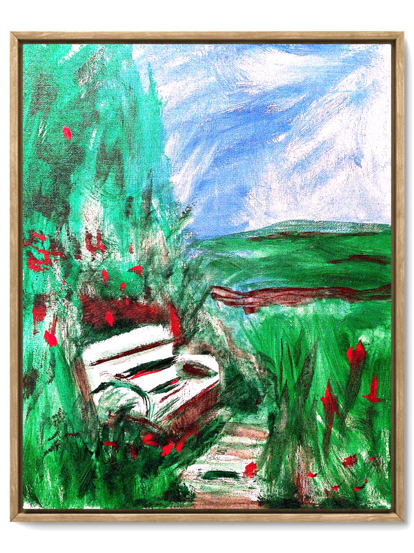 Flowers Bench Modern Signed Original Canvas Acrylic Wall Art 11×14 BACH