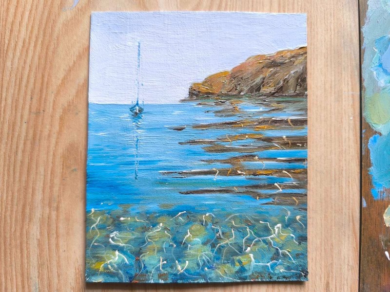 TEXTURED IMPASTO BOAT STONES MOUNTAINS Original Arts OIL Painting Seascape Gifts gallery