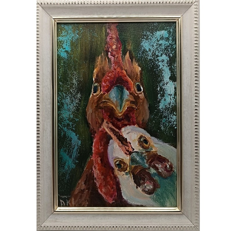 Original Rooster Oil Painting Framed Miniature Funny Chicken Farmhouse Art
