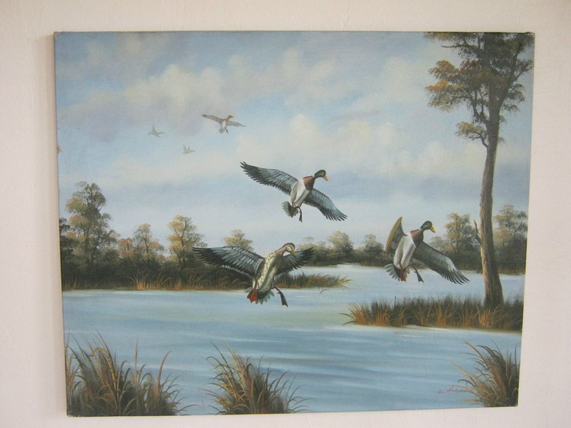 Original Oil Painting, W. Hogan, Flying Ducks by Pond or River, Fine Painting