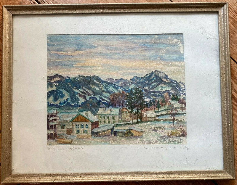 Aquarell Antik Wintermorgen Bei Völs Undeutlich Signiert Rahmen Um 1930