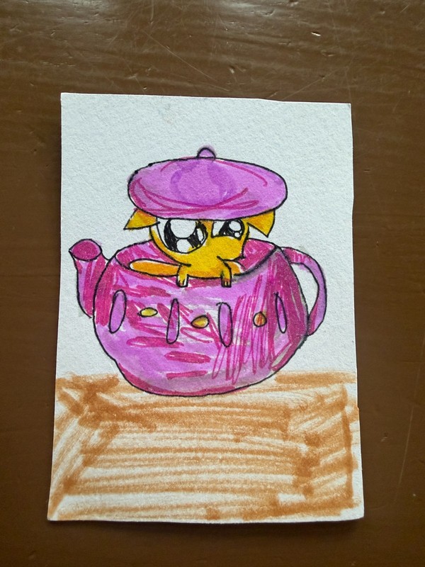 ACEO Original Art Card: Tea pot Collection (1 of 4): Hiding Fox (2.5 x 3.5)