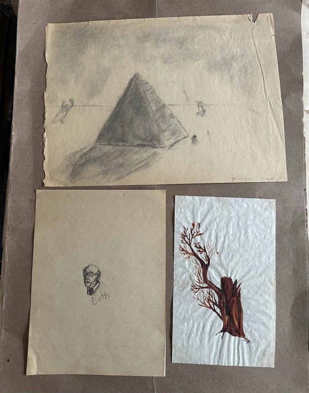 3 Vtg Signed Paintings Drawings Watercolor Tree Charcoal Pyramid Pencil Portrait