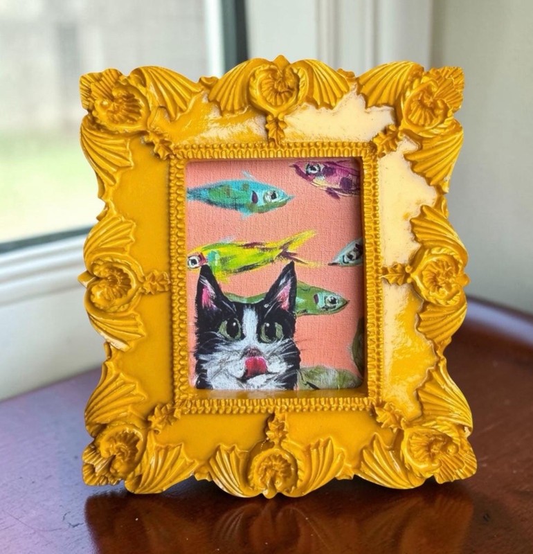 “Cat 🐈‍⬛ Snacks” mini animal print in vintage style ornate frame