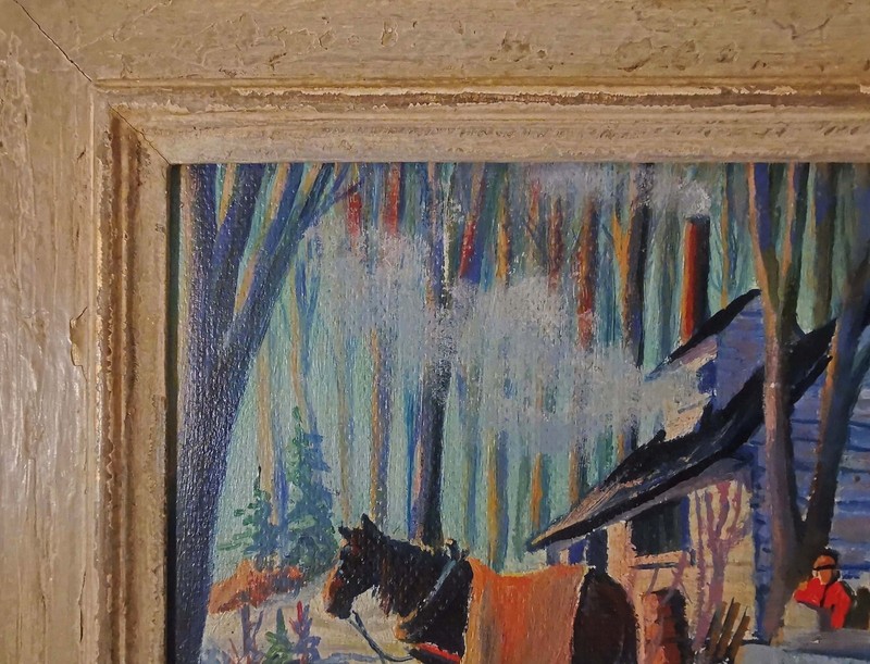 C.1940'S AMERICAN POST-IMPRESSIONIST, SGND S.M.T. O/B MAPLE SUGARING, ORIG FRAME gallery