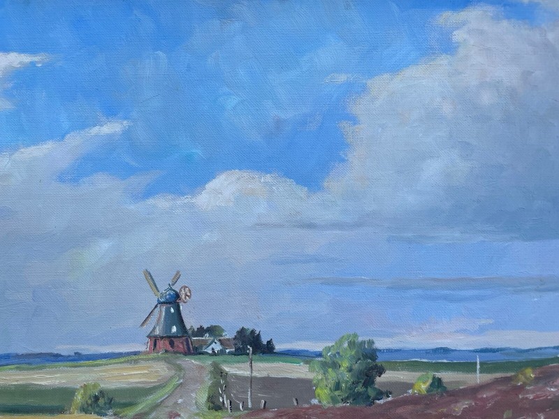 Naturalist Summer Coastal Landscape with Windmill Oil Painting A Lützen Signed gallery