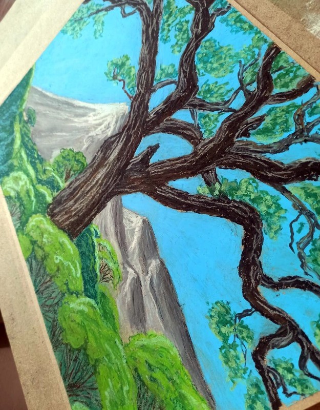 Landscape Artwork Tree Mountain Blue Sky Oil Pastel On Art Paper A3 30x40cm gallery