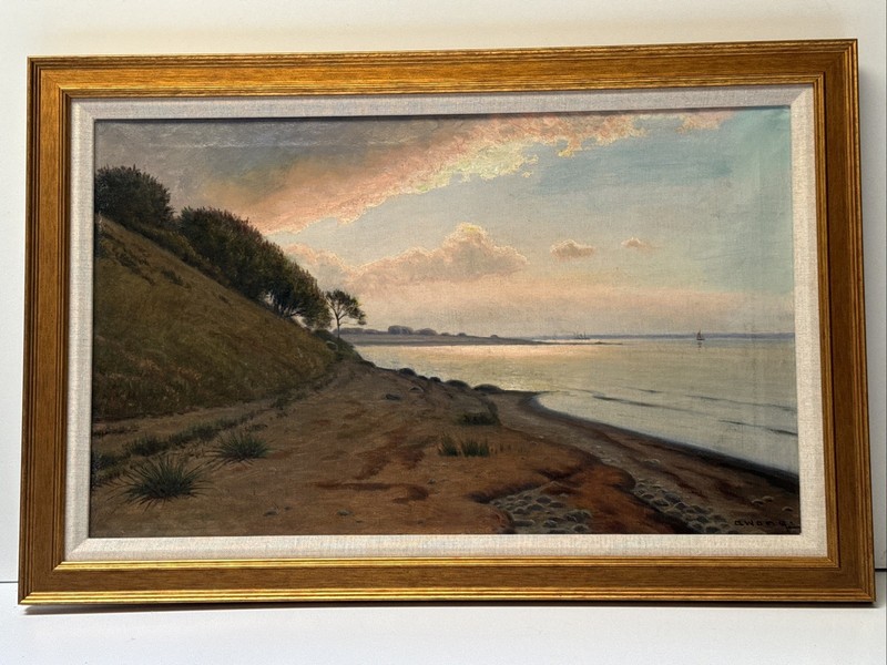 Antique Impressionist Painting Landscape Night Evening Coast Beach Sunset Oil