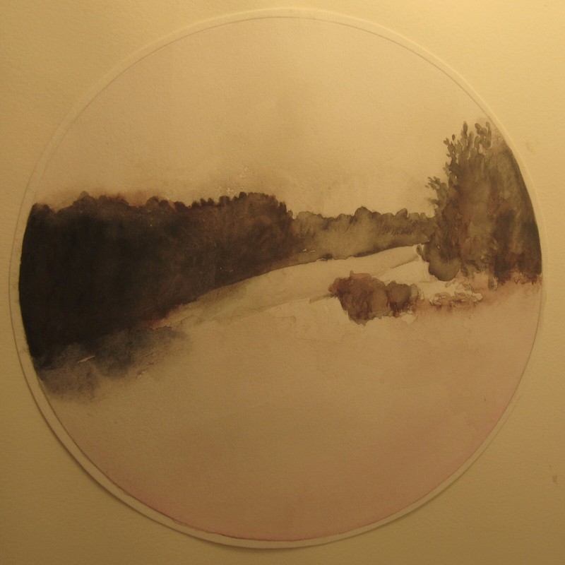 Signed Karen Fitzgerald watercolor landscape painting Winterfield 15x11" gallery