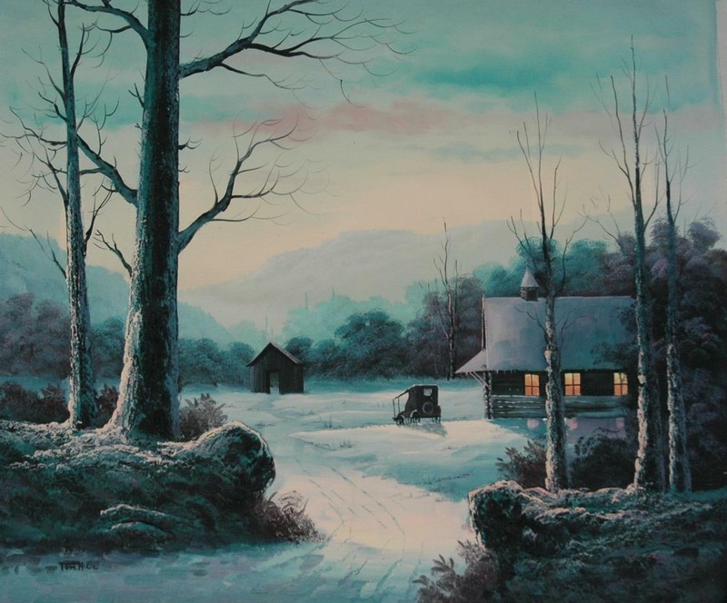 Original Unframed Oil on Canvas Nocturnal Winter Farm Scene Signed Tom Hill