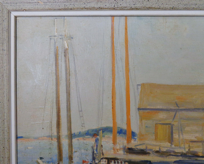 CECIL HALL, MAINE ROCKPORT SCHOOL HARBOR SCENE SGND O/B W/INCRIPTION, ORIG FRAME gallery