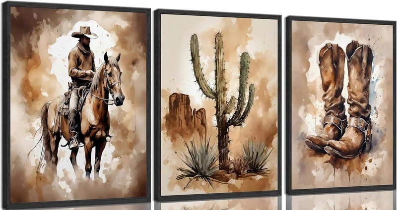 Vintage Western Cowboy Canvas Wall Art Aesthetic Cactus Cowboy boots Painting Pi