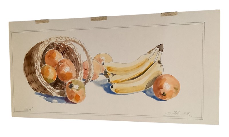 Original Watercolor Painting Bananas Oranges Impressionist Signed 12×24” 1998