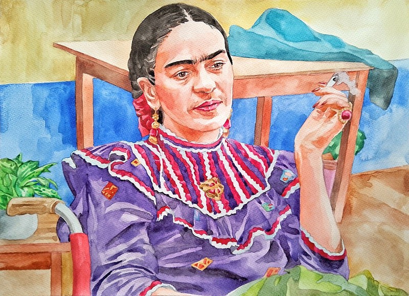 11,69 × 16,06″ Frida Kahlo ~Absorption~ watercolor ~2024~ SIGNED and DATED