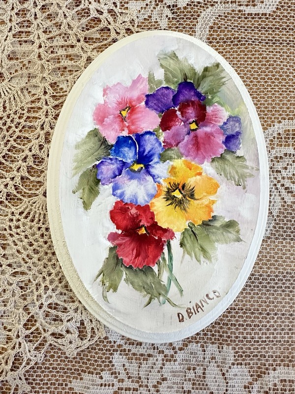 Hand Painted Flowers Colorful Pansies on Oval Wood Plaque 5×7 Signed