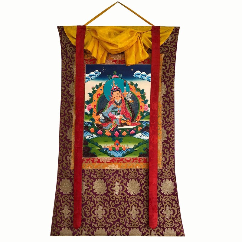 Silk Brocade Guru Rinpoche Thangka, Padmasambhava Thanka, Mantra blessed Guru