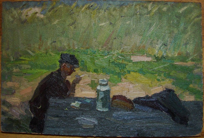 Ukrainian Soviet Oil Painting figure man Impressionism rural lunch yield