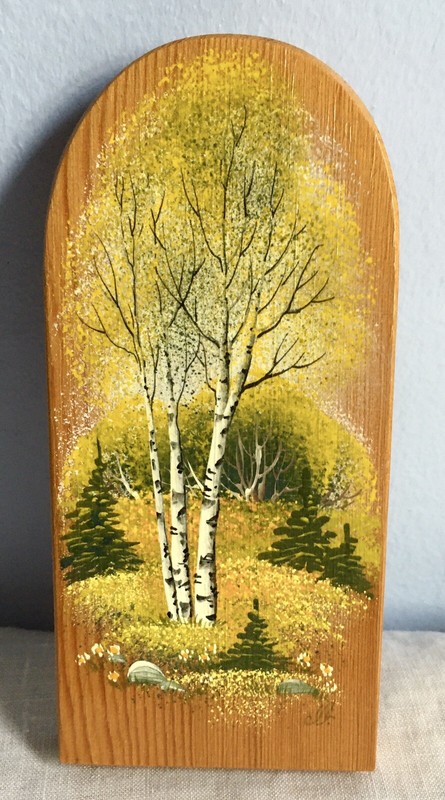 Hand painted field and forest scene with white birches, on wood