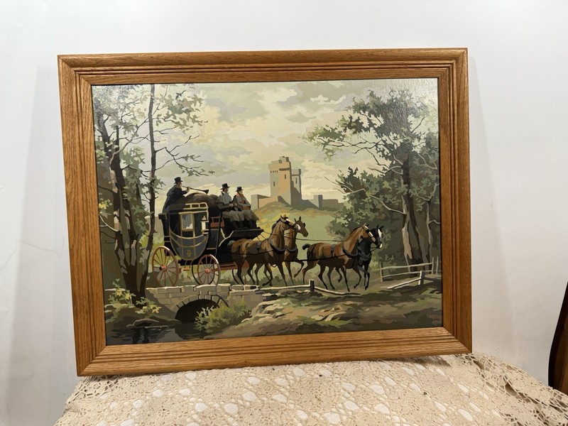 Vintage 1960s Framed HORSE ROYAL CARRIAGE CASTLE PBN Paint by Number 27 X 21