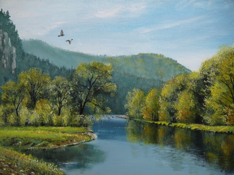 Acrylic Original Painting on Canvas, «Echoes Of River Solitude», 40x30cm, Signed
