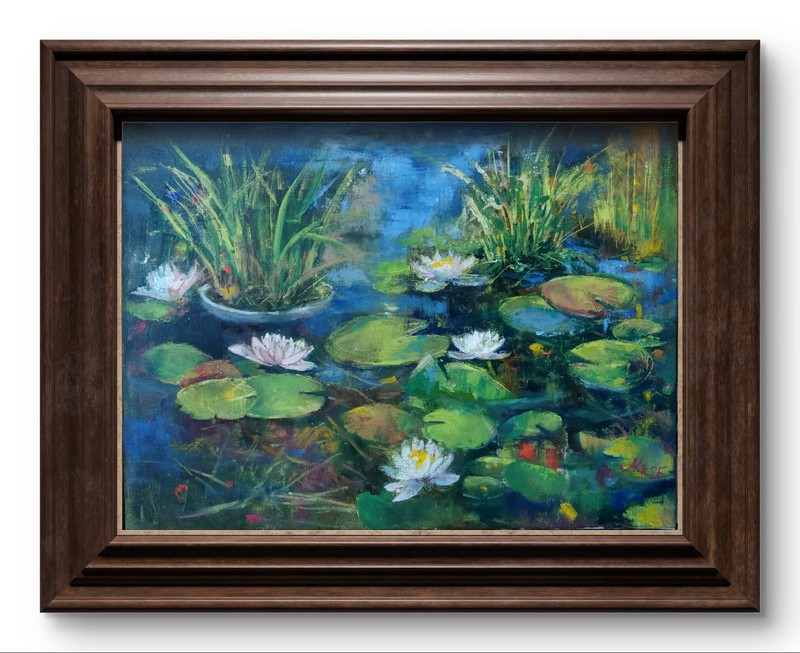 Water lilies painting Original Oil art Pond Impressionism Oil canvas 12x16 In gallery