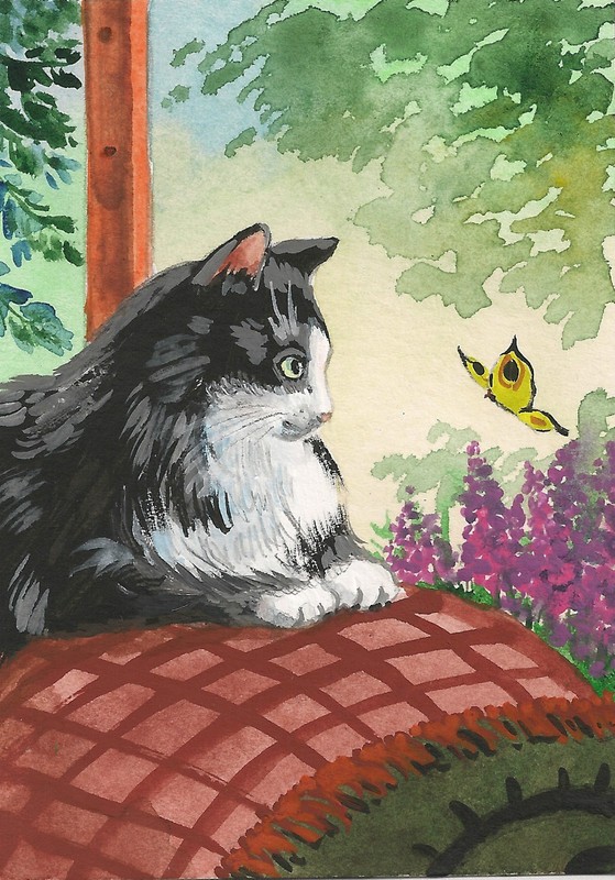 5×7 PRINT of PAINTING RYTA FOLK ART TUXEDO CAT BUTTERFLY WHIMSICAL FLOWERS TREE