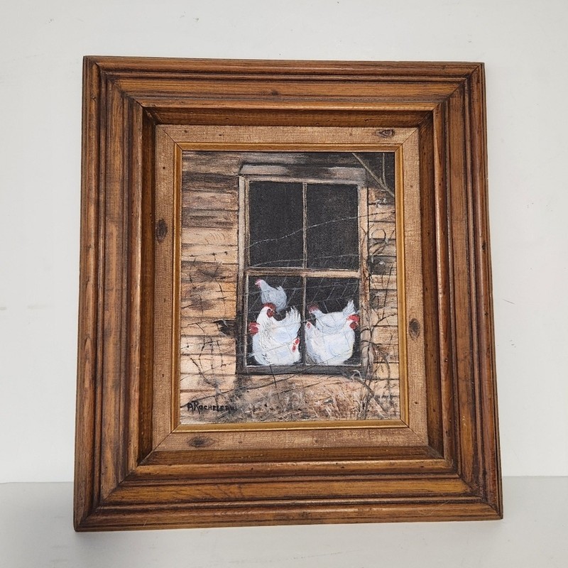 Farmhouse Chicken Original Wood Framed Painting Artist Signed Rocheleau Barnyard