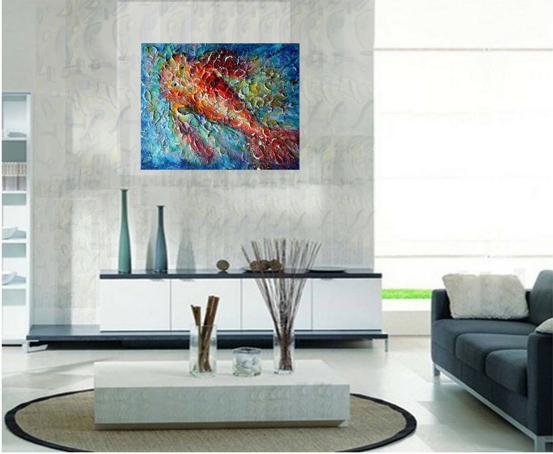 Original Red Koi Fish Painting 16x20 Textured Abstract Lily Pond Canvas Art gallery