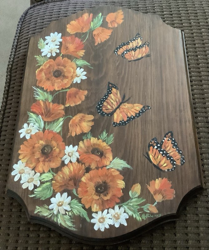 VTG Original Hand Painted White Daisies & Orange Poppies Acrylic On Wood Signed