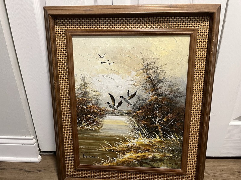 Vintage Signed Barnard Original Oil Painting Ducks Marsh Landscape Framed 24×20