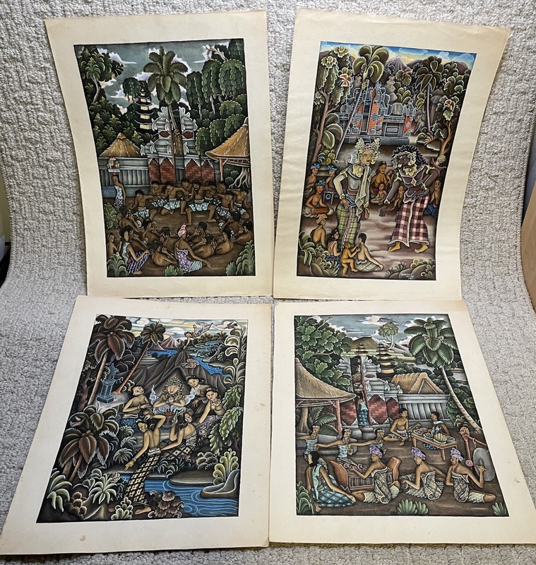 Lot of 4 Signed Batuan Bali 50s 60s Painted Folk Art Ink Acrylic Watercolor VTG