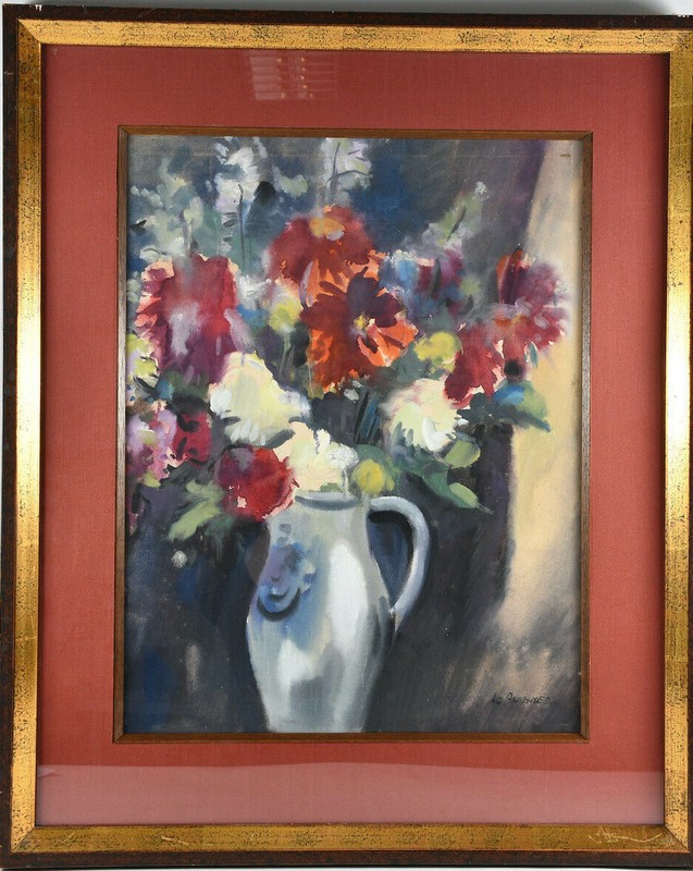 Watercolor Sign. L. Ruschner Still Life Bouquet of Flowers in Vase Peonies