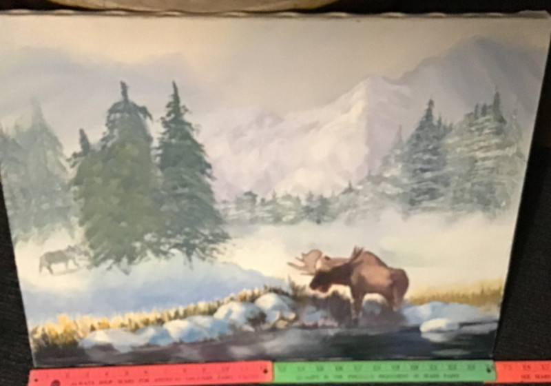 Original Vintage Art~Wildlife Canvas Acrylic Painting Wolf Hunting Bull Moose gallery