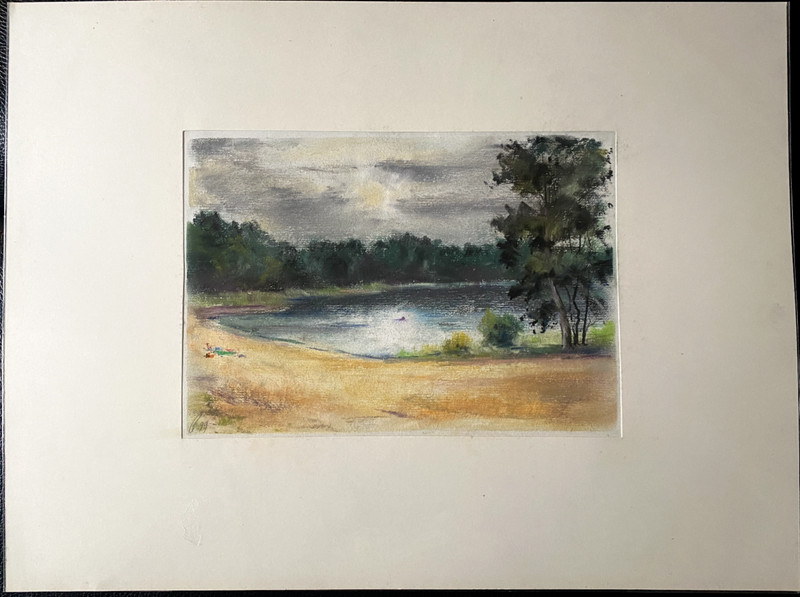 FRANZ EHMKE * 1928-2018 GDR PAINTER °STOLZENHAGENER LAKE WANDLITZ BATHING SPOT PASTEL