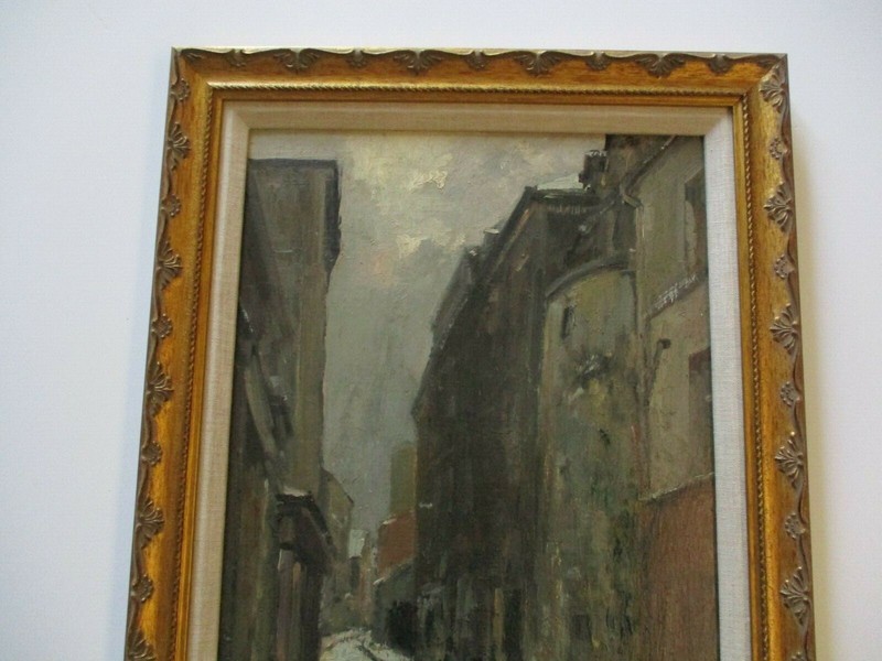 ANTIQUE OIL PAINTING IMPRESSIONISM VILLAGE CITY STREET SCENE URBAN TENEMENTS OLD gallery