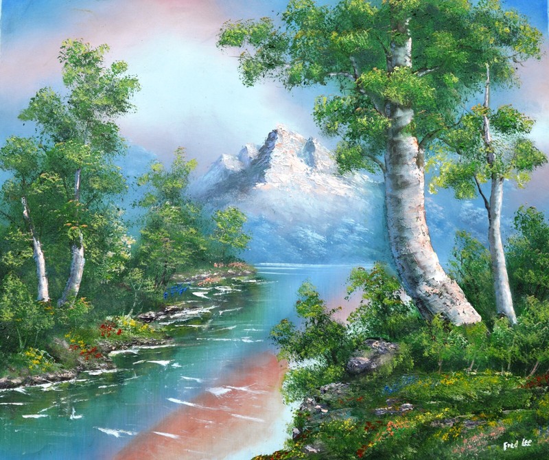 MOUNTAIN RIVER FOREST SUNRISE VIEW HAND PAINTED 24″ OIL PAINTING ART GIFT 357