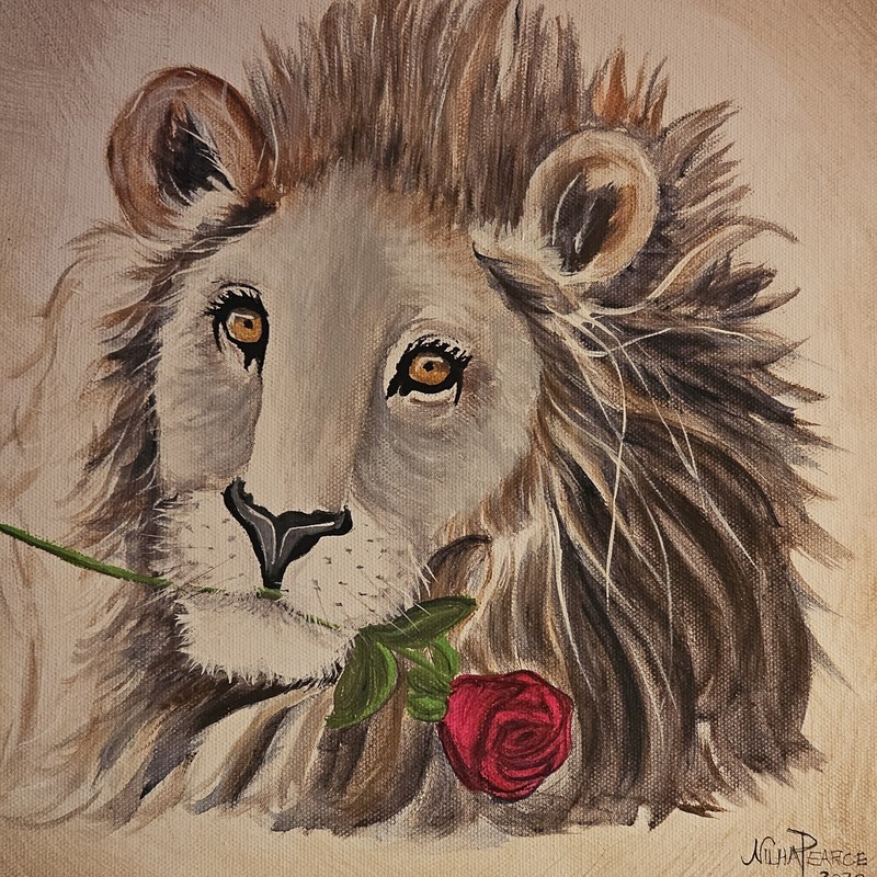 «Lion With Red Rose» Painting On Canvas By Nilha Pearce & Numbered 132 MINT Cond