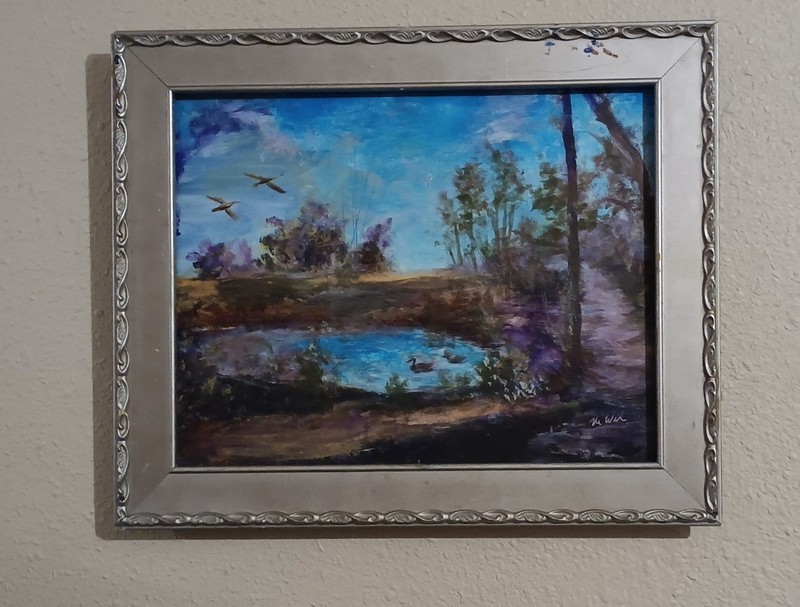 Acrylic, Painted on Gesso Board. A Pond With Ducks and Birds flying. 14 X 10 gallery