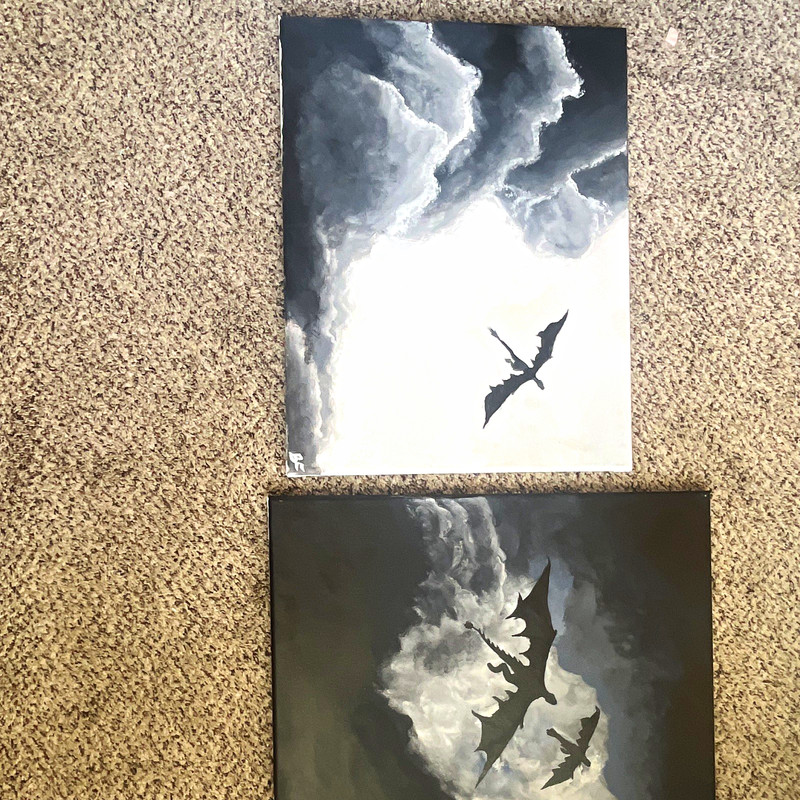 Signed Contemporary Fantasy Dragon & Clouds Diptych Set, Unframed