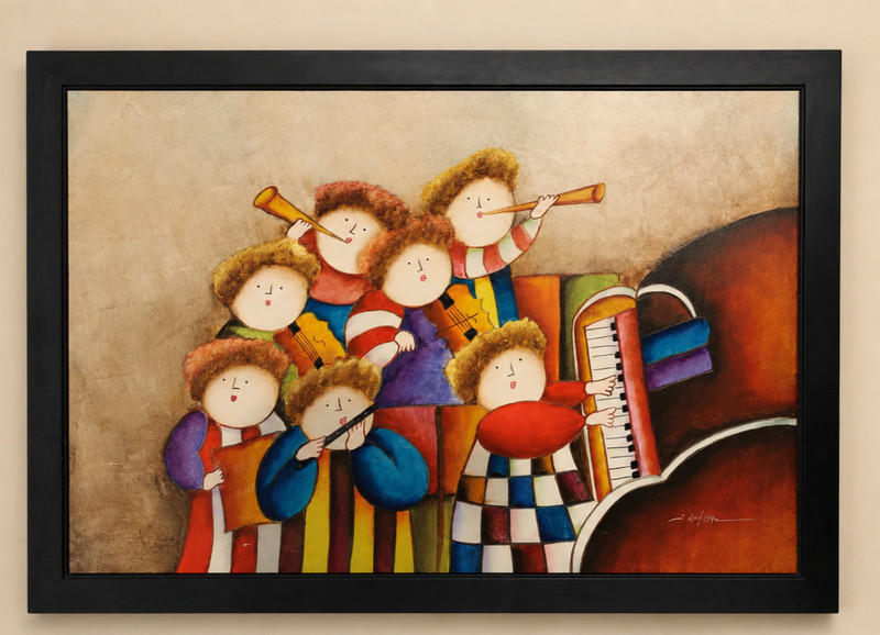 Vtg J. Roybal Signed Oil Painting Framed Whimsical Puffy People Music Band 39×27