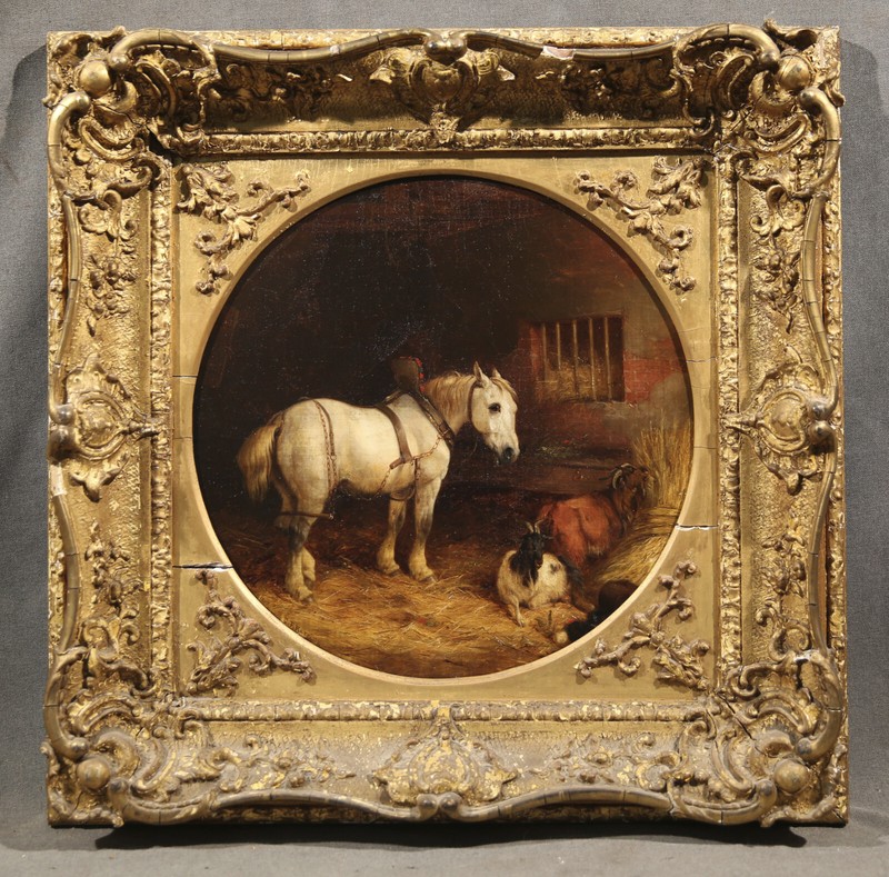 19th Century British Barn Scene With Horse and Goats Farmcore