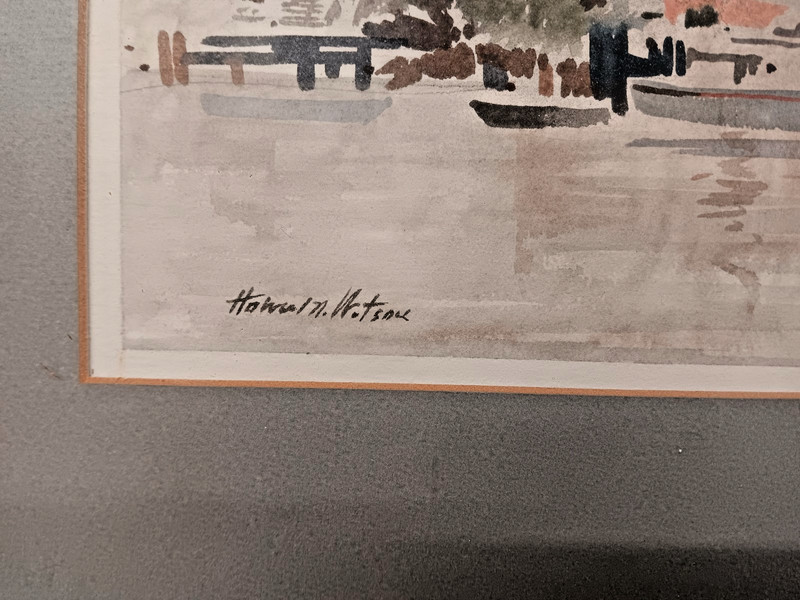 Howard N. Watson Quiet Harbor Signed Watercolor Painting Framed gallery