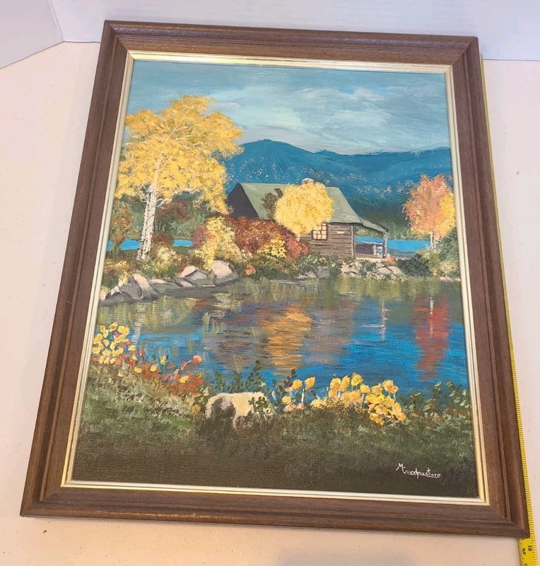 Hand Painted Oil Cottage Core Log Cabin Mountain Scene Signed 18×14