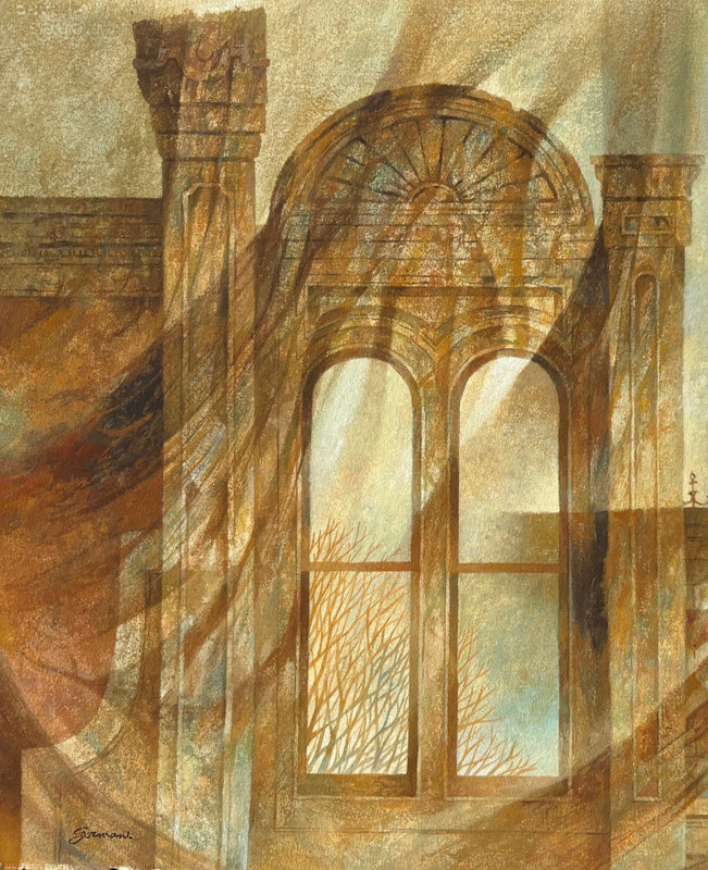 Reflections from a Windswept City Building Casein Painting-1970s-William Gorman gallery